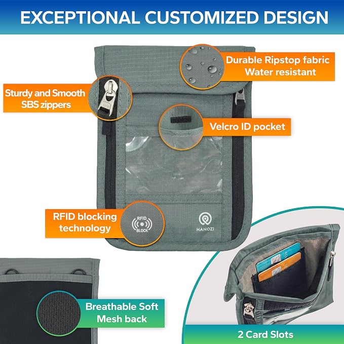 Neck Wallet – Travel Pouch and RFID Blocking Passport Holder for Women and Men, Slim Travel Wallet (Moss Grey) - Image 4