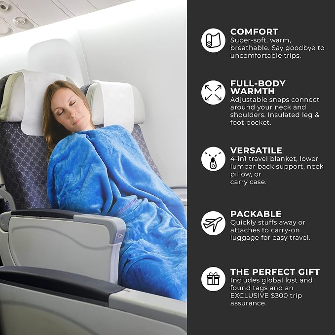Zero Grid Lightweight Airplane & Travel Blanket with Foot Pockets, Blue | Compact Wearable Blanket with Neck Snaps, Zips & Converts to Soft Pillow for Ultimate Comfort - Image 3