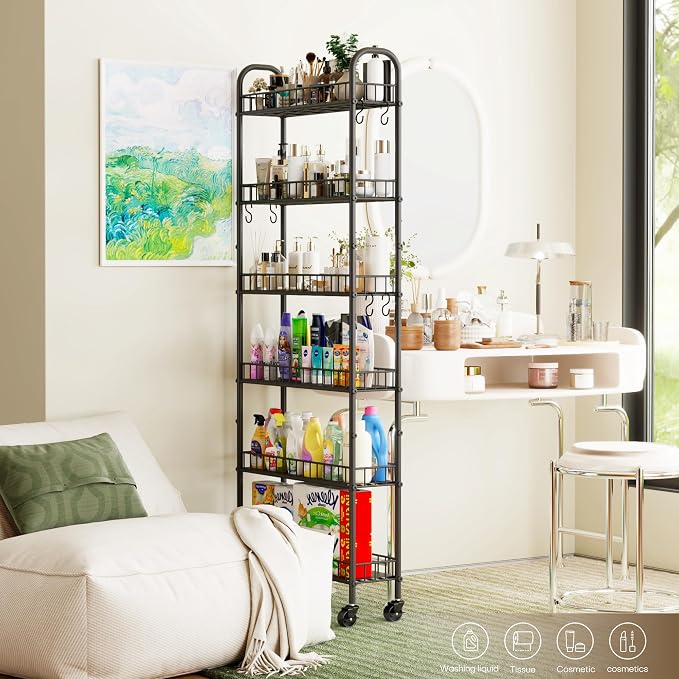 6-Tier Slim Storage Cart, Rolling Kitchen Cart with Wheels | Narrow Metal Shelf Organizer with Hooks for Kitchen, Bathroom, Living Room, Laundry, Small Spaces, Black, 6 in - Image 8
