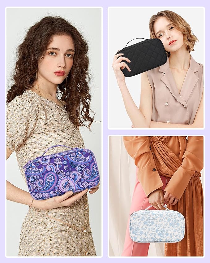 Relavel Small Floral Cosmetic Bag with Makeup Brush Compartment | Portable Makeup Pouch for Women, Double Layer Cute Toiletry Organizer Bag for Accessories, Purple Flower - Image 5