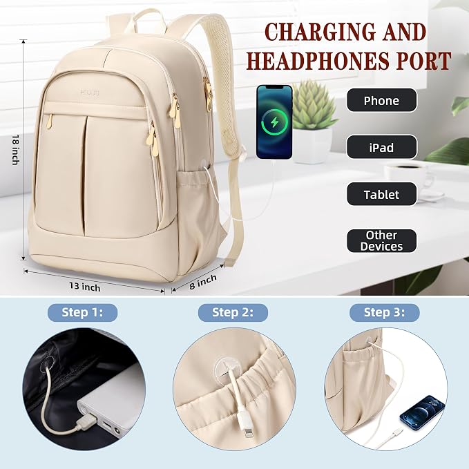 Hidds Travel Laptop Backpack for Women 15.6 Inch Computer Backpacks with USB Charging Hole Anti Theft Carry on Bag College Bookbag Large Back Pack for Work Business Travel Commuter Daypack-Champagne - Image 6