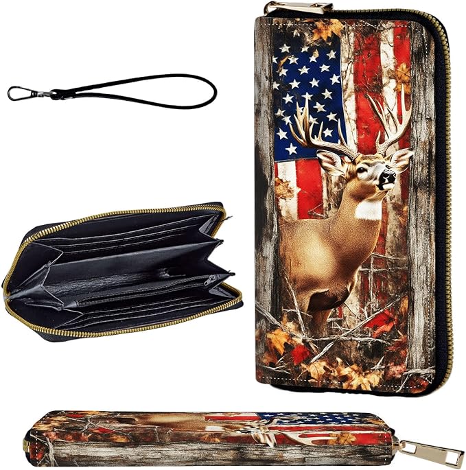 Wallet,Leather Long Wallet Suitable For Ladies And Teenagers - Detachable Wristband + RFID Travel Wallet With Card Slot - American Flag and Deer by Unknown