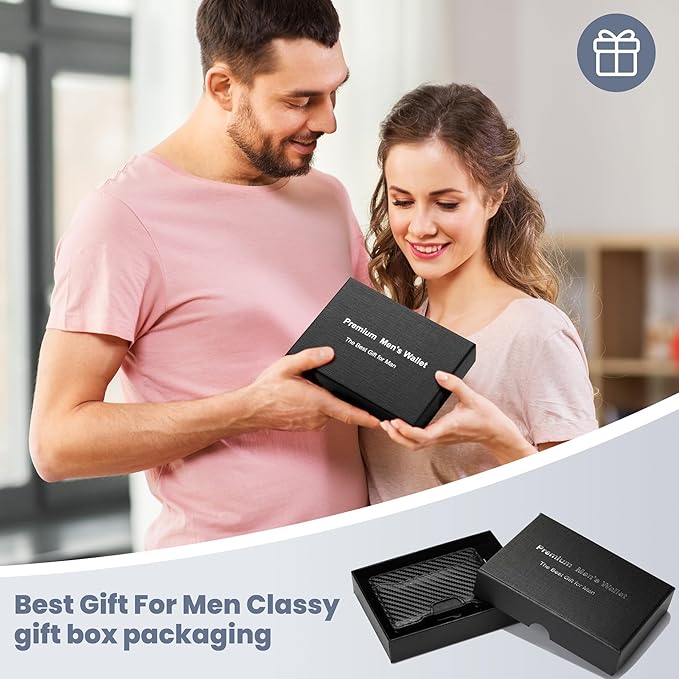 Wallet for Men, RFID Blocking Slim Mens Wallet with Money Clip | Minimalist Pop Up Card Case, ID Window, 9-11 Cards, Bifold Leather Front Pocket Wallet with Gift Box (Black-Carbon Fiber) - Image 7