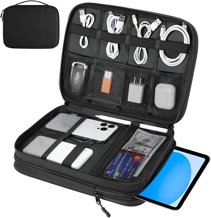 Dadanism Electronics Travel Organizer Case, Double Layers Cord Organizer | Travel All-in-One Storage Bag for Cable, Cord, iPad, Chargers, fits 9-11'' Tablets, Portable Tech Accessories Bag, Black by Dadanism