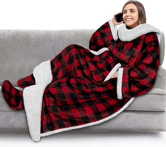 PAVILIA Sherpa Blanket with Sleeves, Foot Pocket for Women Men Adults, Thick Wearable Blanket Throw Wrap, Fleece Warm Snuggle Blanket Robe, Cozy Gift Ideas Wife Mom, Checkered Red by PAVILIA