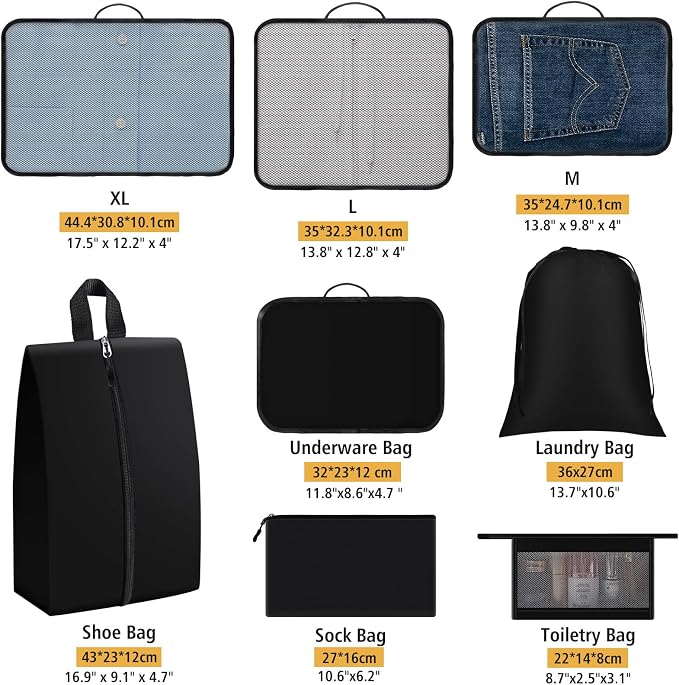 8 Set Packing Cubes for Travel Essentials, Organizers for Suitcase and Luggage in 4 Sizes, Luggage Organizer with Toiletries/Laundry/Shoes/Sock Bags (Black) - Image 2