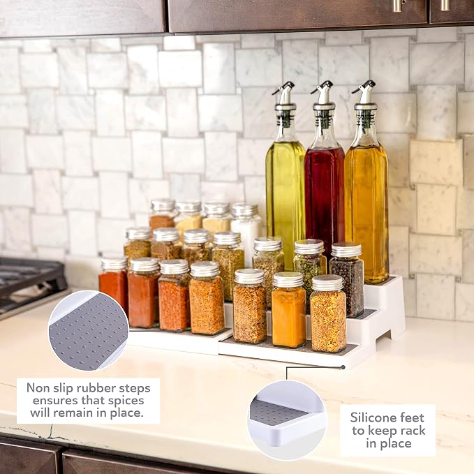 Oizeir 3-Tier Expandable Spice Rack Organizer for Cabinet, White/Grey | Expandable Plastic Spice Rack Organizer, Adjustable Length 3 Tiers, Non-Skid Shelf, Cabinet Pantry Countertop, White/Grey - Image 6