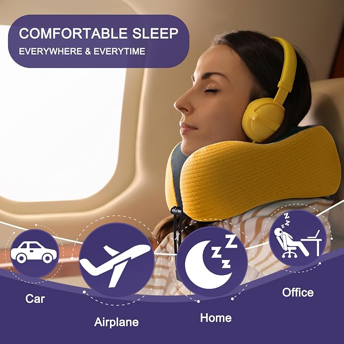 napfun Neck Pillow for Travel, Memory Foam Airplane Pillow, Yellow | 360° Neck Support, Upgraded 100% Memory Foam for Airplane, Car, Train, Bus, Office Sleep, Travel Essentials for Long Flights - Image 6
