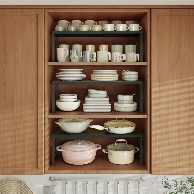 Shelf Organizer Riser For Cabinet Pantry Kitchen Countertop Cupbaord Closet | Expandable Width, Adjustable Height, Stackable As 2-Tier Shelf Rack, Snap-Button: Easily Adjust Height, Heavy Duty Metal - Image 2