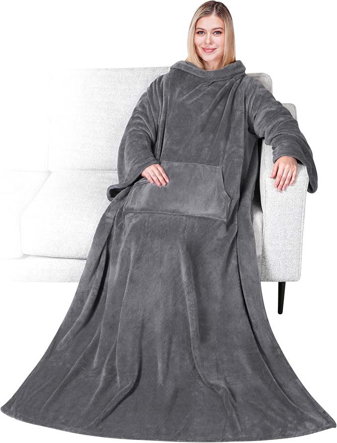 PAVILIA Blanket with Sleeves for Adult Women Men, Soft Warm Wearable Blanket Fleece Wrap Throw, Robe Blanket Gift by PAVILIA