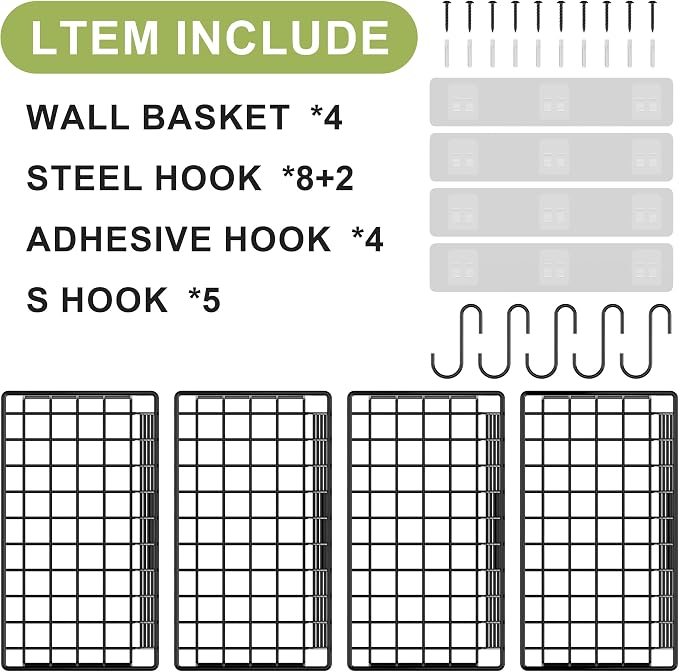 Wall Basket with Label Plate & 5 S-Hooks –4 Pack Hanging Wire Basket for Organizing, Wall Storage for Kitchen, Bathroom, Pantry, Laundry, RV – Hanging Wall Basket, Metal - Image 4