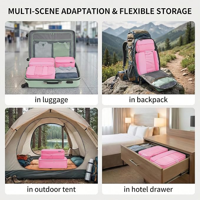 4 Piece Compression Packing Cubes for 3–7 Day Travel, Space Saving Travel Organizers with Breathable Mesh, Double-Zipper Packing Cubes for Carry-On & Suitcases (Petal) - Image 5