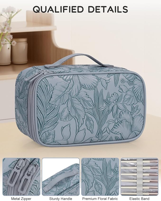 Relavel Cute Makeup Bag for Girls, Portable PU Leather Cosmetic Bag | Dual-layer Makeup Pouch with Brush Holder, Multi-Functional Preppy Toiletry Organizer for Travel, Daily Use - Flora Butterfly - Image 4