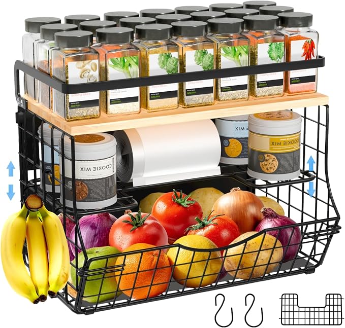 3-Tier Magnetic Shelf for Fridge with Divider & Bamboo Top, Fruit Basket Potato and Onion Storage Bins, Kitchen Large Container Magnetic Spice Rack for Refrigerator, Kitchen Counter, Fridge Organizer by NRSVIAH