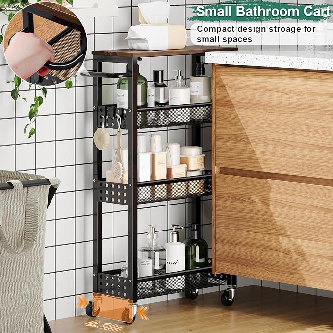 4 Tier Slim Rolling Cart with Wheels for Between Washer and Dryer Storage | Black Metal Rolling Spice Rack Next to Fridge, Narrow Kitchen Cabinet for Small Spaces, Laundry Room Organizer Carts - Image 7