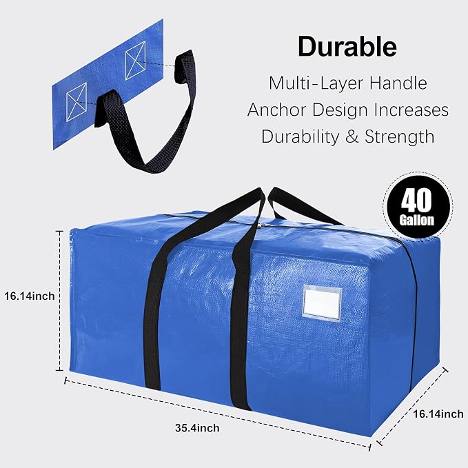6 Pack Heavy Duty Extra Large Moving Bags W/Backpack Straps - Strong Handles & Zippers, Storage Totes For Space Saving, Fold Flat, Alternative to Box and Bin (40 gal, Multicolor) - Image 2