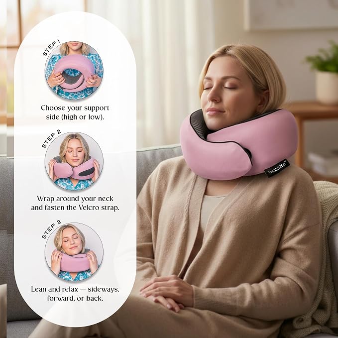 The Cozeo™ Travel Neck Pillow, 100% Pure Memory Foam Airplane Neck Pillow with Eye Mask & Earplug, Ideal for Long Flight, Car Road Trip Essentials & Sleeping | Suitable for Adults & Kids - Pink - Image 4