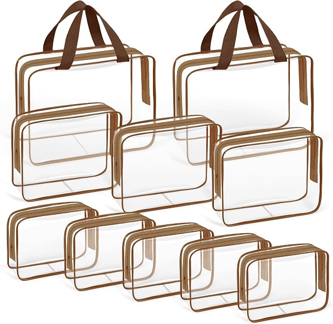 TISRATOK 10 PCS Clear Travel Bags for Toiletries,Clear Makeup Bags（Coffee） | 3 Size plastic clear bags with zipper handbag, TSA approved cosmetic pouch for travel, swimsuit,toy storage bags by TISRATOK