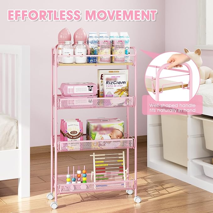 TOOLF 4-Tier Slim Rolling Cart, Metal Storage Cart with Wooden Tabletop and Mesh Baskets for Narrow Space on Kitchen Bathroom Laundry Room Bedroom Apartments Dormitory - Image 3