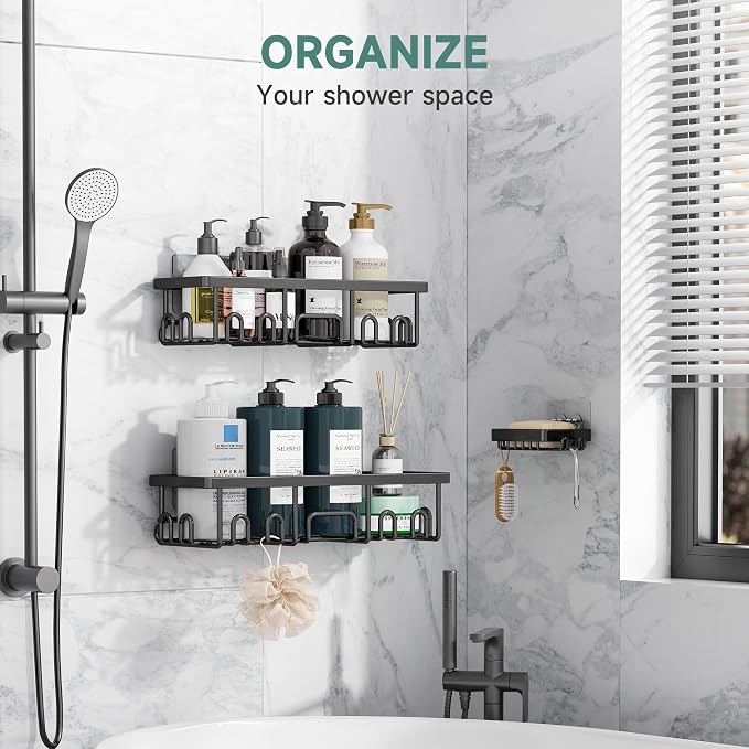 Veken Shower Caddy 3-Pack, Advanced Rustproof Design, No Drilling Adhesive Shelves, Rack with Soap Holder, Large Capacity Bathroom Organizers and Storage, Wall-Mounted Kitchen & Home Decor, Black - Image 5