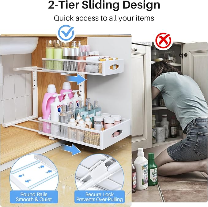 Under Sink Organizer, 2 Tier Pull Out Under Cabinet Organizer Shelf with Pad for Framed Cabinets, Metal Slide Out Under Sink Storage, Mesh Sliding Drawers for Kitchen Bathroom Laundry(White, 1 Pack) - Image 5