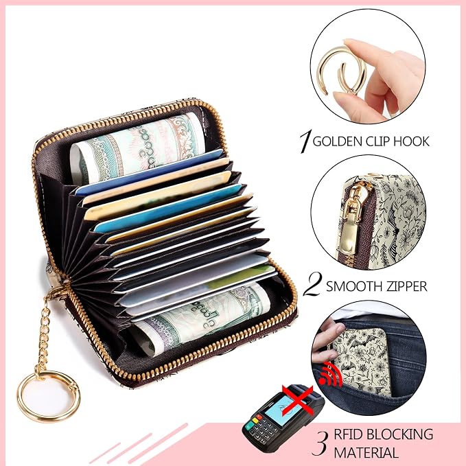 Blusabaca Goth Bat RFID Credit Card Holder, Small Women Travel Wallet | Vintage, Removable Keychain, Case Zipper, PU Leather, Cash Coin Pocket, Business Accordion Purse, Ladies Female Gift - Image 5