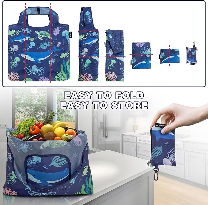 HOLYLUCK Reusable Grocery Bags,Heavy Duty Foldable Shopping Tote Bag (Standard, 3 Ocean Life) - Image 4