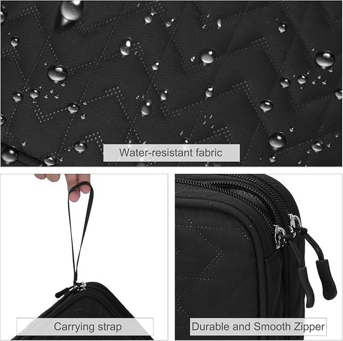 FYY Electronic Organizer, Travel Tech Pouch Bag, Extra Large, Black Quilted | Wrist Strap, Waterproof, Double Layers Electronics Travel Case for iPad, Cord, Laptop Charger, Daily and Business Trips Use - Image 4