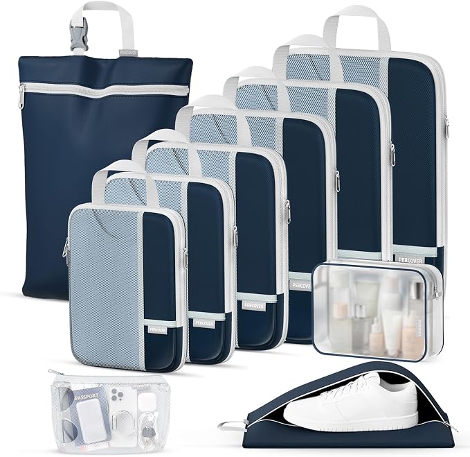 Percover Compression Packing Cubes for Travel, 10-Piece Structured Compression Organizer Set with Toiletry Bag, Laundry Bag & Shoe Bag for Carry-On & Checked Luggage, Navy Blue by Unknown