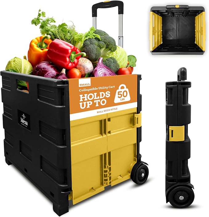 Inspired Living Ultra-Slim Rolling Collapsible Storage Pack-N-Roll Utility-carts, with Telescopic Handle, for Home, Garden, Shopping, Office, School use, Medium, Yellow & Black by Inspired+Living