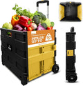 Inspired Living Ultra-Slim Rolling Collapsible Storage Pack-N-Roll Utility-carts, with Telescopic Handle, for Home, Garden, Shopping, Office, School use, Medium, Yellow & Black by Inspired+Living