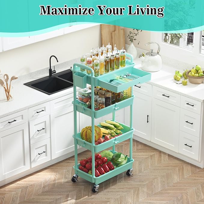 SUNALLY 4 Tier Rolling Cart with Drawer, Craft Storage Cart Organizer, Blue | Bathroom Storage Organizer with 2 Lockable Wheels, Rolling Utility Cart for Kitchen, Office, Baby, Makeup, Nail,Snack,Laundry - Image 6
