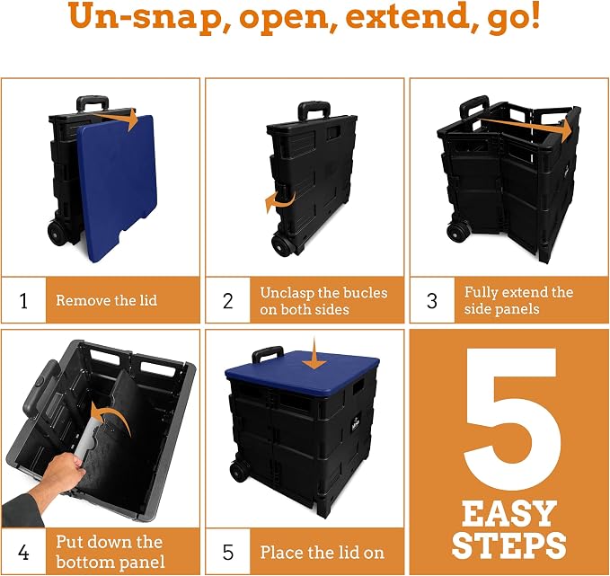 Inspired Living Collapsible Ultra-Slim Pack-N-Roll,2 Wheel Utility Cart w/Lid Used as Seat up to 250 Lbs, Telescopic Handle - Super Strong, for Home, Garden, Shopping, Office, School use, Large, Blue - Image 6
