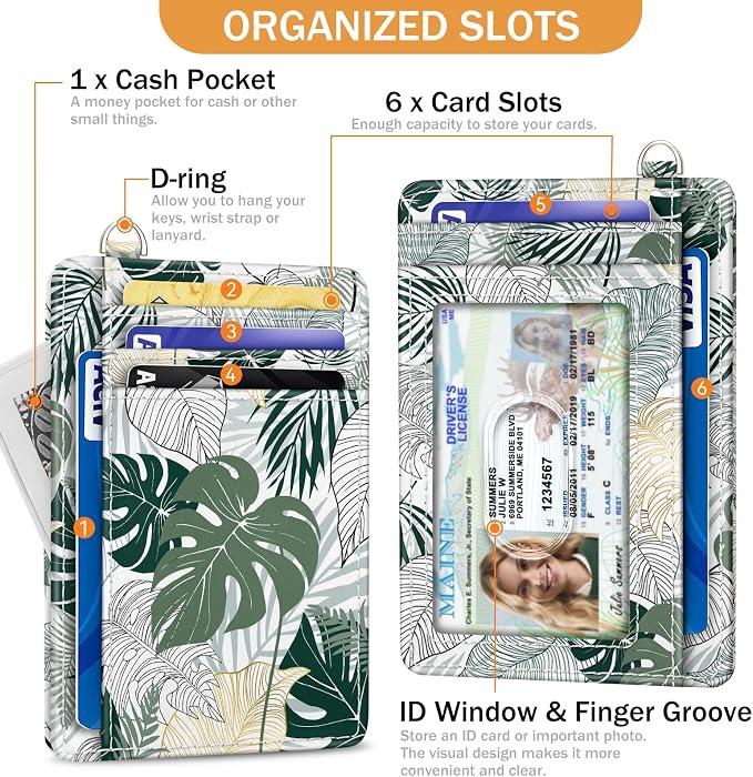 Yonlevres Tropical Leaf Credit Card Holder Slim RFID Wallet Women Small | Front Pocket, Handy, RFID Blocking, Woman Girls Ladies Gifts, D-ring for Keychain,Thin Mini Card Case, ID Window, PU Leather - Image 4