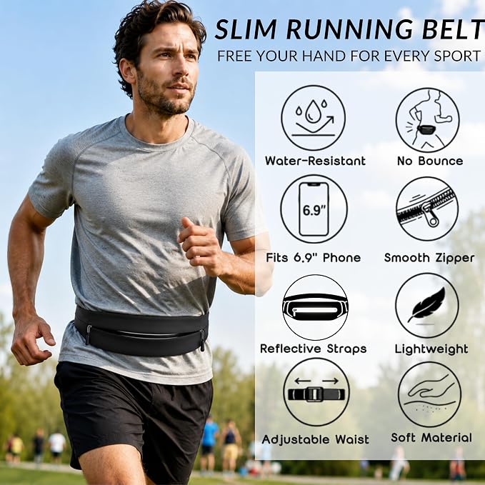 Running Belt for Men Women, Water-resistant Fanny Pack with 3 Zipper Pockets & Reflective Safety Strips, Adjustable Waist Pack Jogging Pouch for Phone, Keys & Essentials (Black, Medium) - Image 3