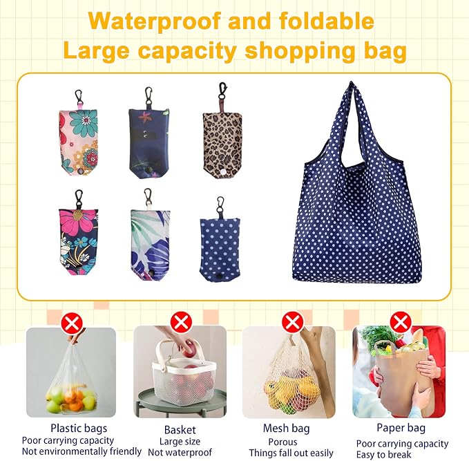 6 Pcs Reusable Shopping Bags Foldable,Grocery Bags in Pocket,Waterproof and Machine Washable,Eco-friendly Travel Recycle Polyester Tote Bags for Daily Shopping Supplies load - Image 4