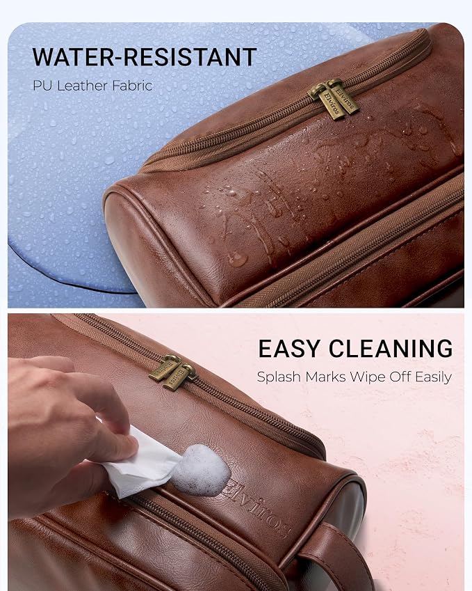 Elviros Toiletry Bag for Men PU Leather Shaving Dopp Kit (Dark Brown) | Water-Resistant Travel Organizer with Hanging Hook for Toiletries, Shaving Tools, Grooming Items, and Men’s Gifts - Image 5