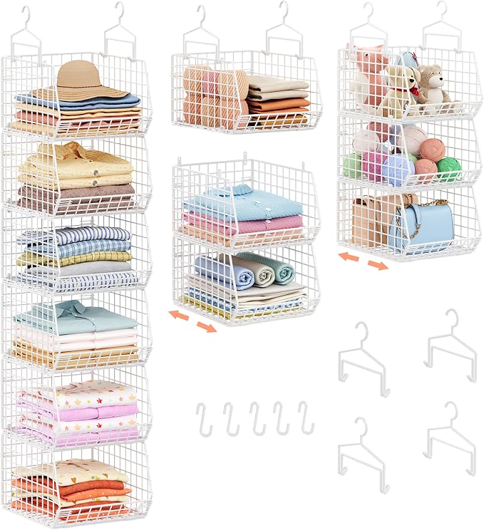 6 Tier Extended Depth Hanging Closet Organizer, Closet Storage Hanging Shelves with Hanging Hooks for Clothes Sweaters Towels Handbags, Stackable Metal Mesh Bins For Closet, Laundry, Bathroom, Dorm by X-cosrack