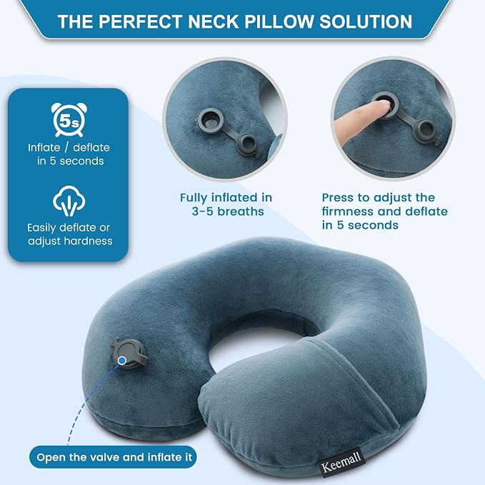 Keemall Inflatable Travel Neck Pillow for Airplane & Long Flights, 2 Pack | Compact Neck & Shoulder Support with Washable Pillowcase, Ideal for Train, Car, Home Relaxation & Office Naps - Image 3
