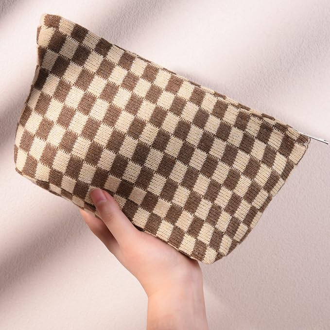 SOIDRAM 2 Pieces Makeup Bag Large Checkered Cosmetic Bag Capacity Canvas Mix Travel Toiletry Bag Organizer Cute Makeup Brushes Aesthetic Accessories Storage Bag for Women, Checkered Mix Brown - Image 8