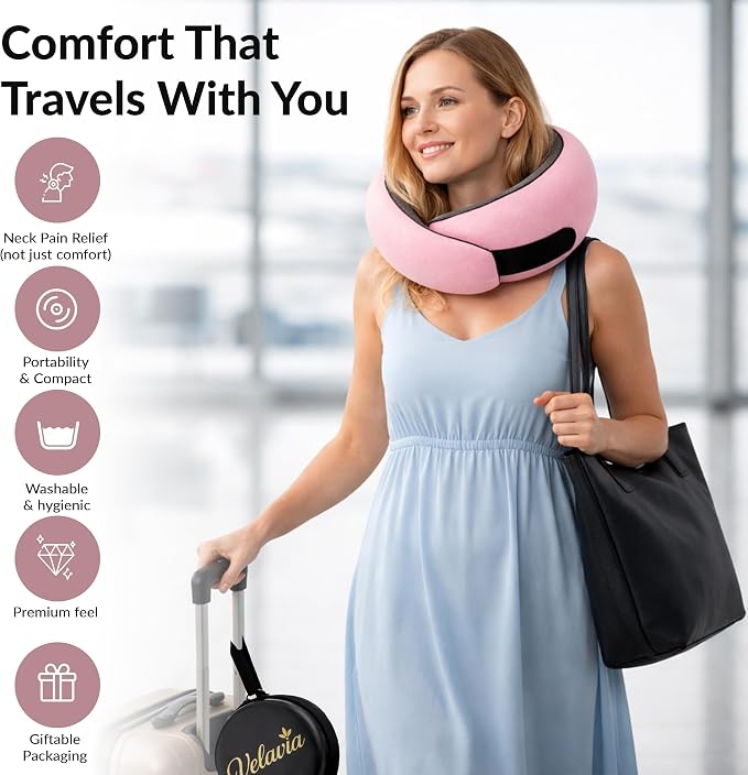 Travel Neck Pillow,Ergonomic 360° Memory Foam Support for Head, Neck. Adjustable for Long Flights. Soft &Washable Cover, EVA Box, 3D Eye Mask, Earplugs, Hair Tie & Luxury Bag (Pink) - Image 2
