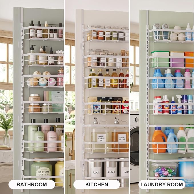 Over the Door Pantry Organizer, Adjustable 6 Tier Wide Storage Shelves with Hooks Fit Thin Doors Hold Spices Rack for Pantry Kitchen RV, White - Image 6