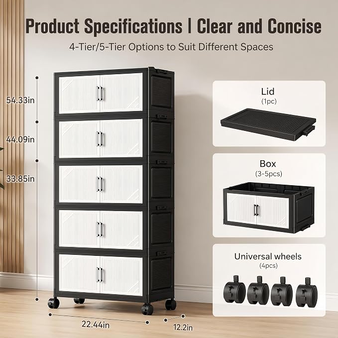 3 Tier Foldable Storage Cabinet with Wheels and Magnetic Doors | Premium PP Material Large Storage Organizer, Space-Saving Utility Storage for Home, Apartments, Dorm, Office, Rv - Image 2