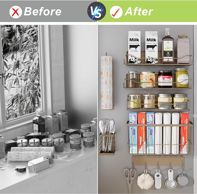 Magnetic Spice Rack for Refrigerator, 7 Pack Magnetic Fridge Shelf for Kitchen Organization Storage, Moveable Spice Organizer W/Paper Towel Holder, Utensil Caddy, Cutting Board Rack (Brown) - Image 5