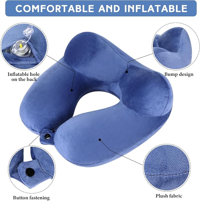 Sintuff 2 Pcs Inflatable Travel Pillow with Compact Bag and Blindfold Velvet Inflatable Neck Airplane Pillow Washable Cushion for Airplanes Flight Car Long Traveling Kids Adults Grey Blue - Image 3