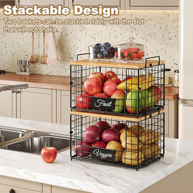 2 PACK XXL Potato and Onion Storage Bins, Pantry Organizers and Storage | Stackable Wire Baskets with Wooden Tops & Tags, Kitchen Counter Organizers Bins for Potato, Onion, Fruit, Vegetable, Garlic - Image 6