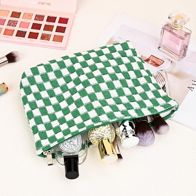 SOIDRAM 2 Pieces Makeup Bag Large Checkered Cosmetic Bag Capacity Canvas Mix Travel Toiletry Bag Organizer Cute Makeup Brushes Aesthetic Accessories Storage Bag for Women, Checkered Mix Green - Image 5