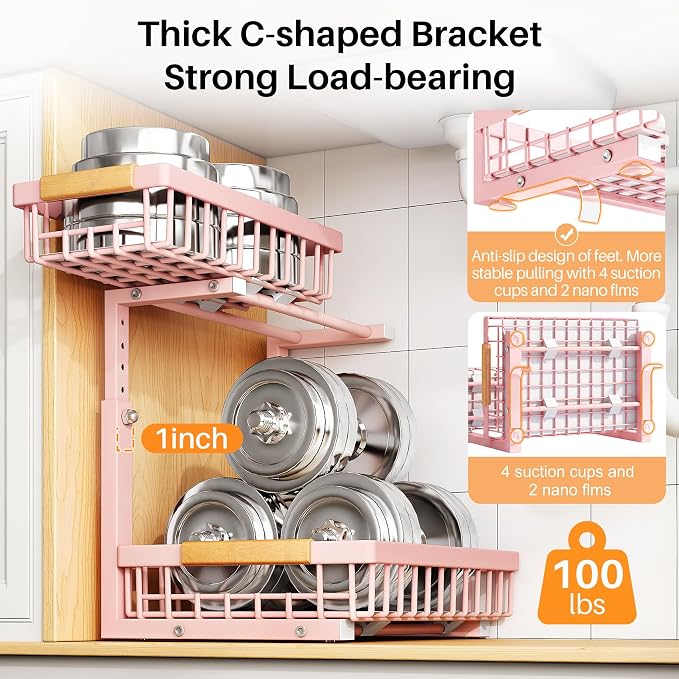 PXRACK Under Sink Organizer, Adjustable Height, 2 Tier Pull Out Under Cabinet Organizer, Slide Out Thickened Metal Under Sink Storage for Kitchen Bathroom Laundry Pantry Cabinet, Pink, Large-1-Pack - Image 6