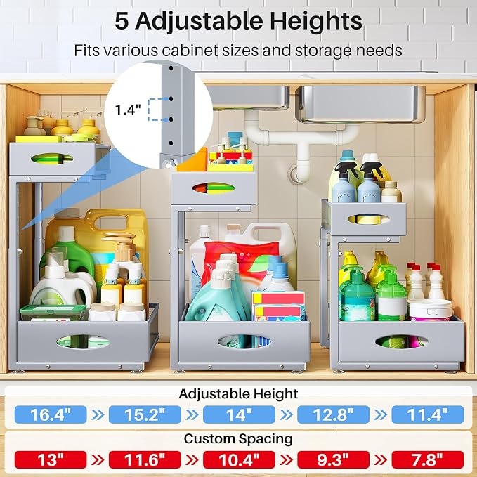 Under Sink Organizer, 2 Tier Pull Out Under Cabinet Organizer Shelf with Pad for Framed Cabinets, Metal Slide Out Under Sink Storage, Mesh Sliding Drawers for Kitchen Bathroom Laundry(Grey, 1 Pack) - Image 6