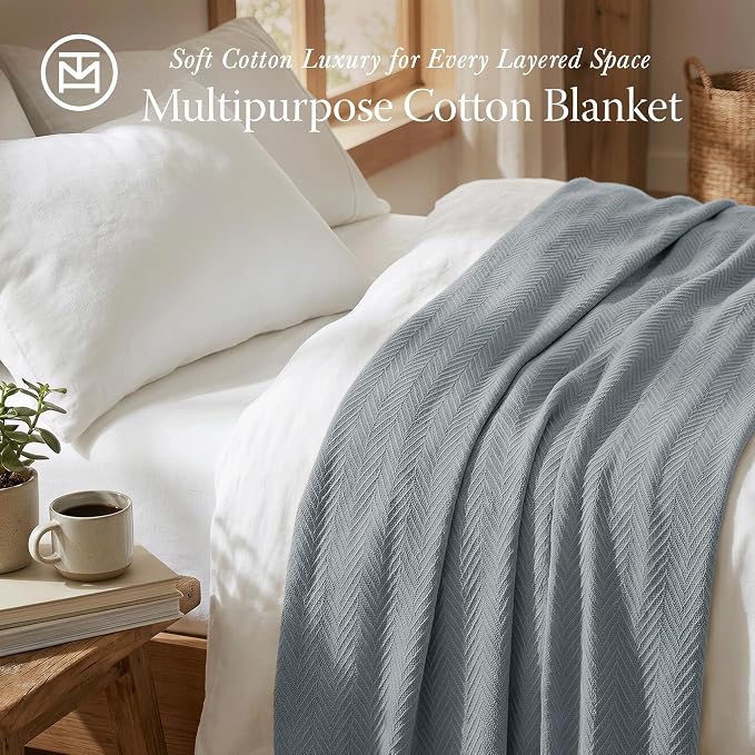 Threadmill Cotton Twin Blanket, Herringbone, Scottish Grey, 68x92 in | 100% Cotton, Herringbone Pattern, 350 GSM, 68x92 in, Breathable, All-Season, OEKO-TEX Certified, Machine Washable - Image 2